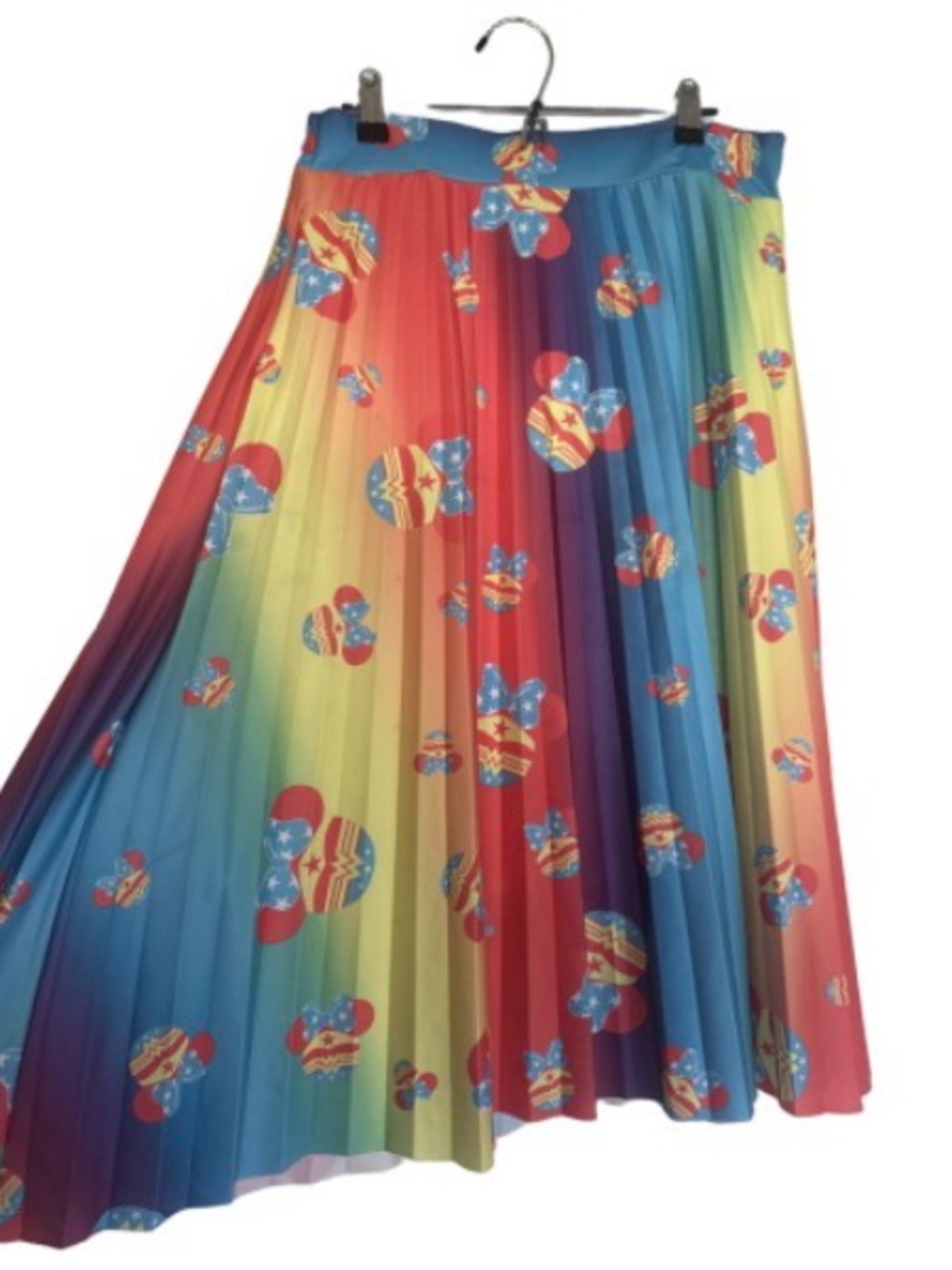 Rainbow Pleated Midi Skirt with wonderwoman Minnie rainbow Print
